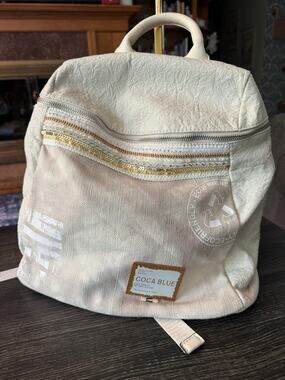 Coca Blue Eco-Friendly Canvas & Leather Accent Backpack — Cream Off-White